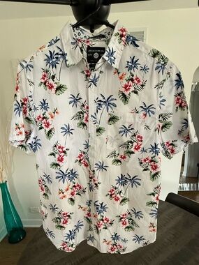 Cactus White Tropical Floral Button-Up Shirt with Red & Blue Accents